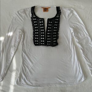 Tory Burch White Long-Sleeve Cotton Top with Black Crochet Front M